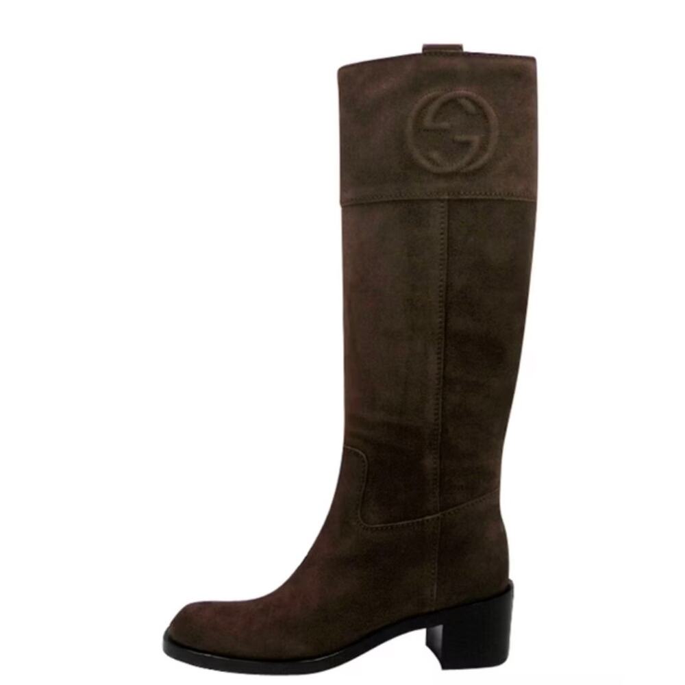 Gucci Brown Suede GG Logo Riding Boots Size 38.5 - Picture 1 of 14